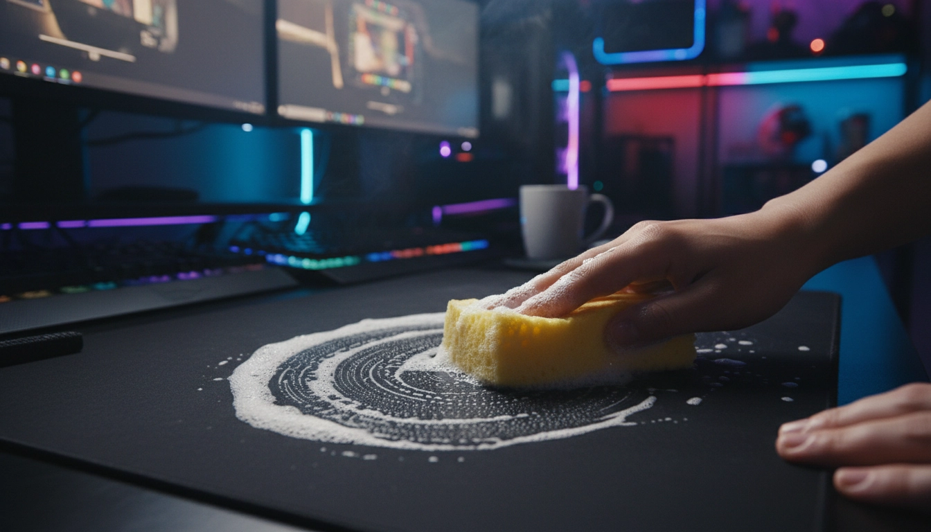 Tutoriel étape par étape sur comment nettoyer tapis de souris gaming tissu sans l'abîmer avec une éponge douce