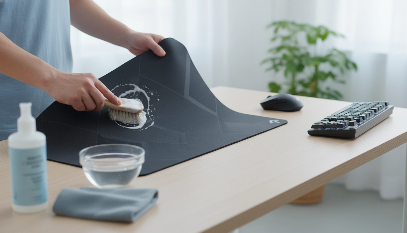 Joueur nettoyant délicatement son tapis de souris gaming en tissu avec une éponge humide