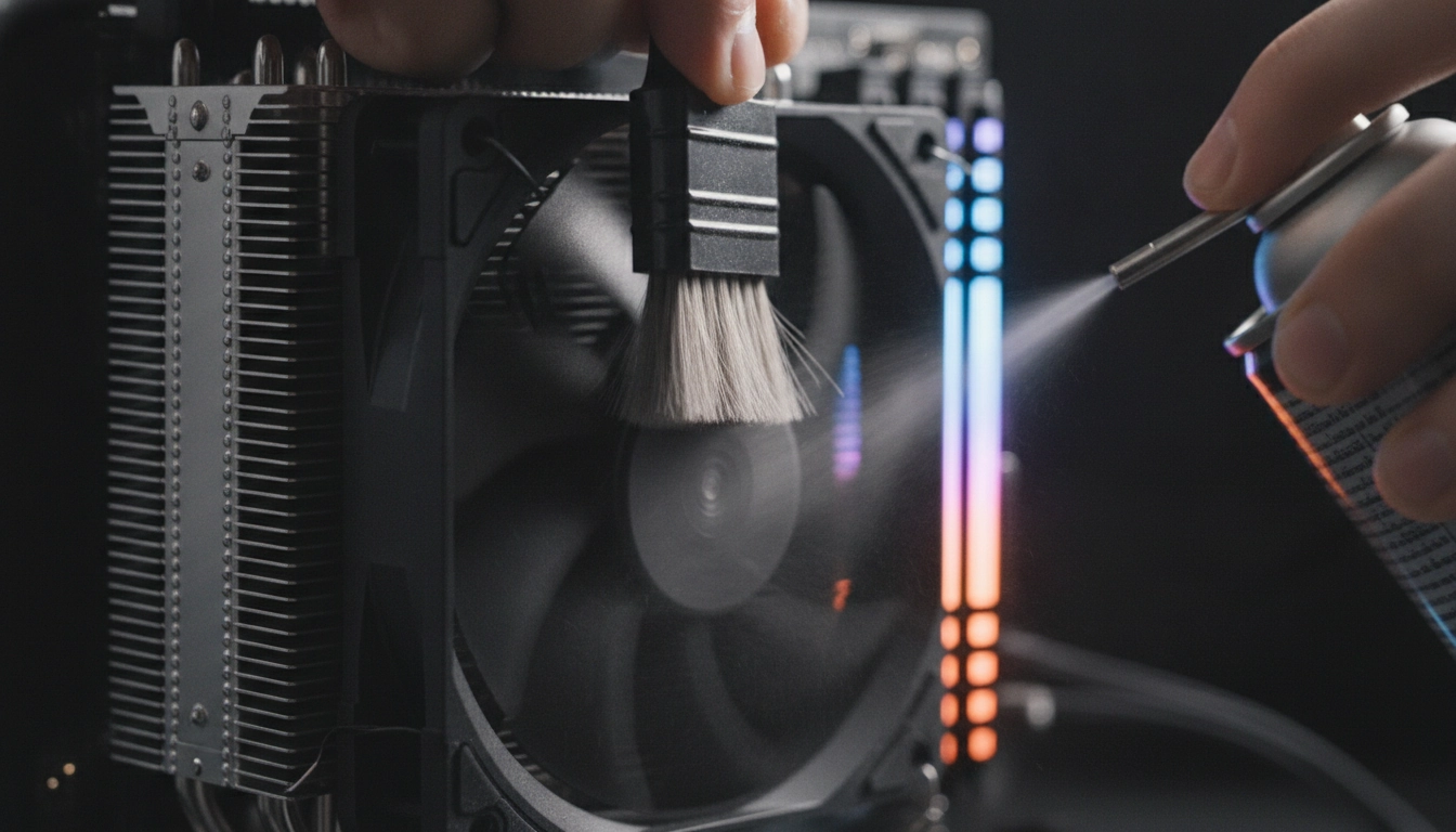 Utilisation d'une bombe à air sec pour nettoyer ventilateur processeur pc avec précision.