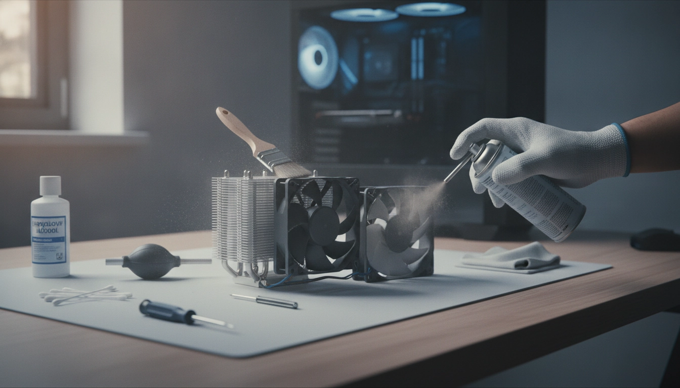 Gros plan sur un ventilateur de processeur propre et un pinceau antistatique.