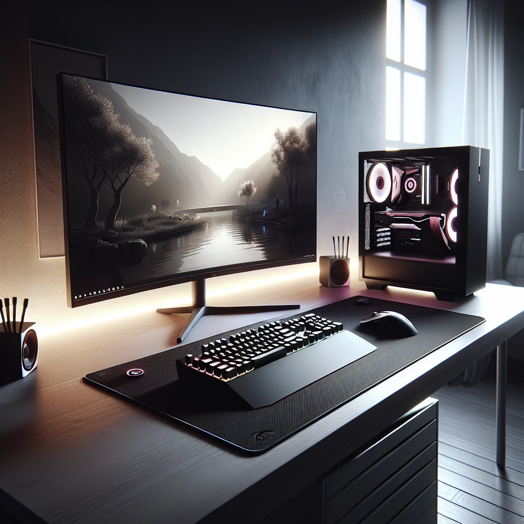 Bureau optimisé avec nouveaux périphériques gaming : clavier compact, souris sans fil et écran rapide