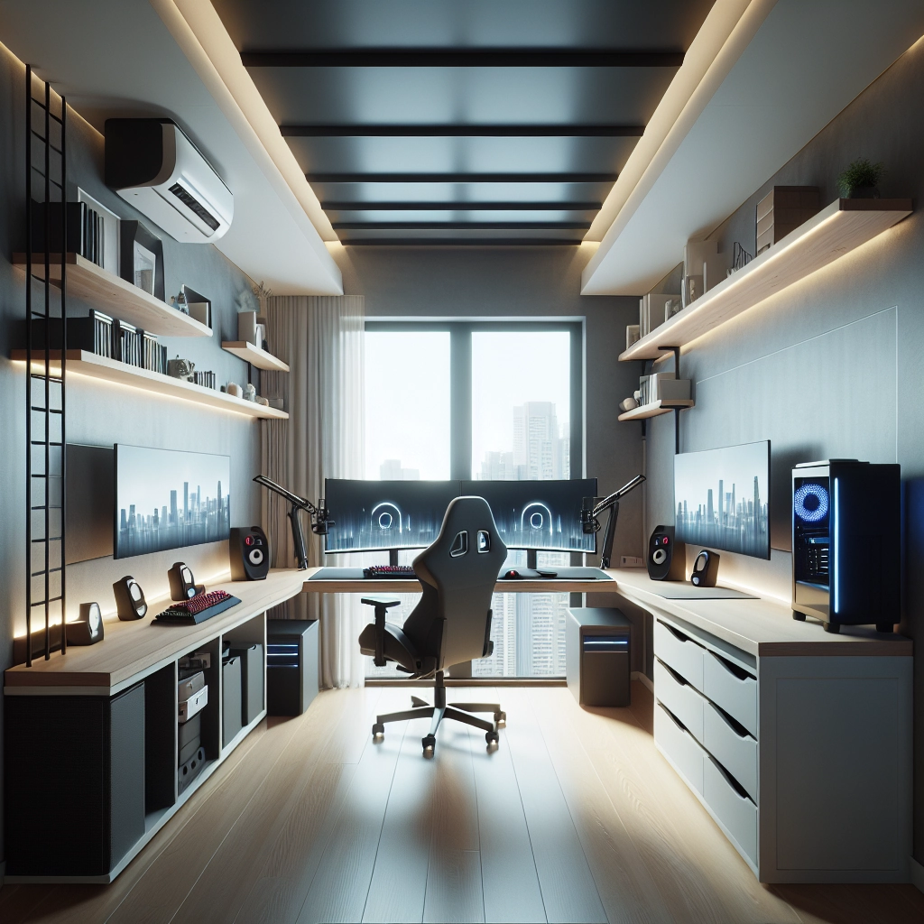 Optimisation espace bureau gaming réglable dans un petit appartement avec double écran sur bras et câbles invisibles