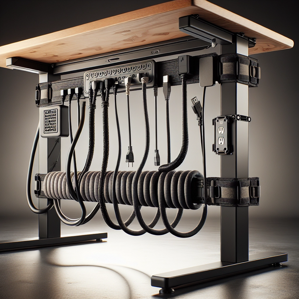 Câble management sous un bureau gaming réglable avec multiprise fixée, goulotte et velcros
