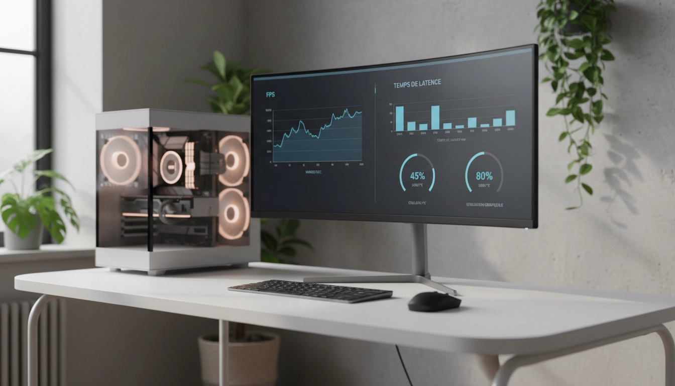 Tableau de bord d’Optimisation et performance sur PC avec suivi des FPS, frametimes et températures