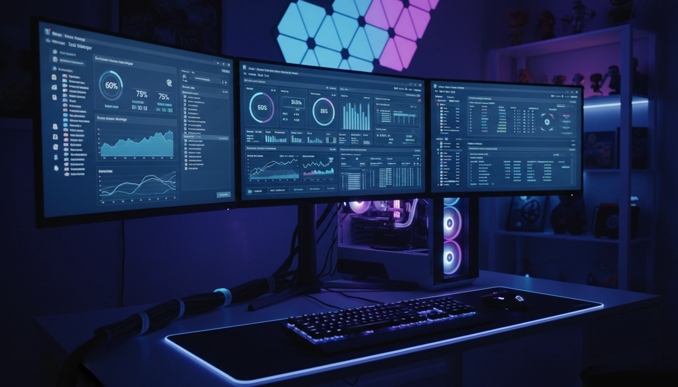 Configuration PC gaming optimisée avec affichage des métriques de performances pour l'optimisation logiciels gaming