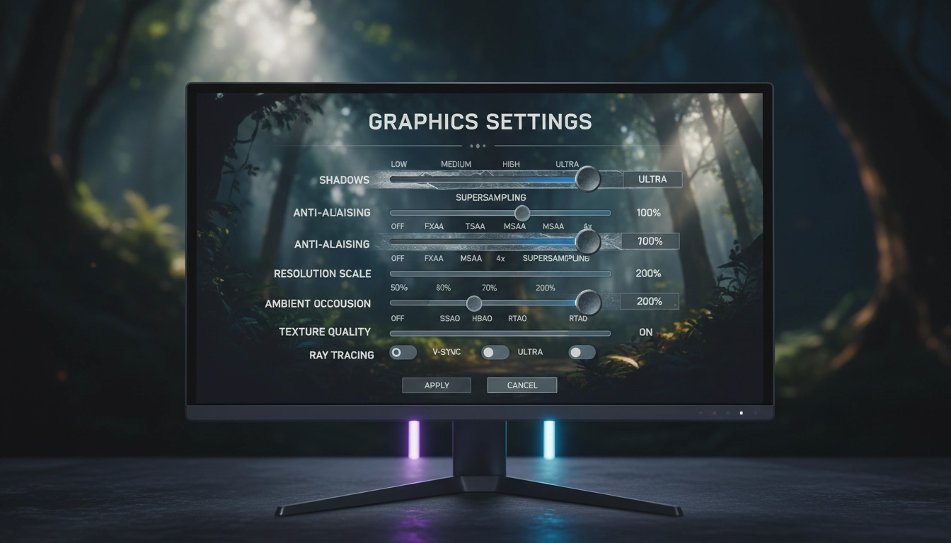 Menu des réglages graphiques en jeu avec paramètres ombres et antialiasing pour booster les FPS