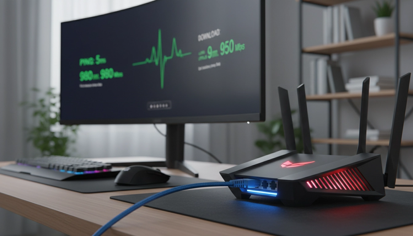 Câble Ethernet branché sur un routeur gaming pour optimiser la connexion réseau et réduire le ping en jeu
