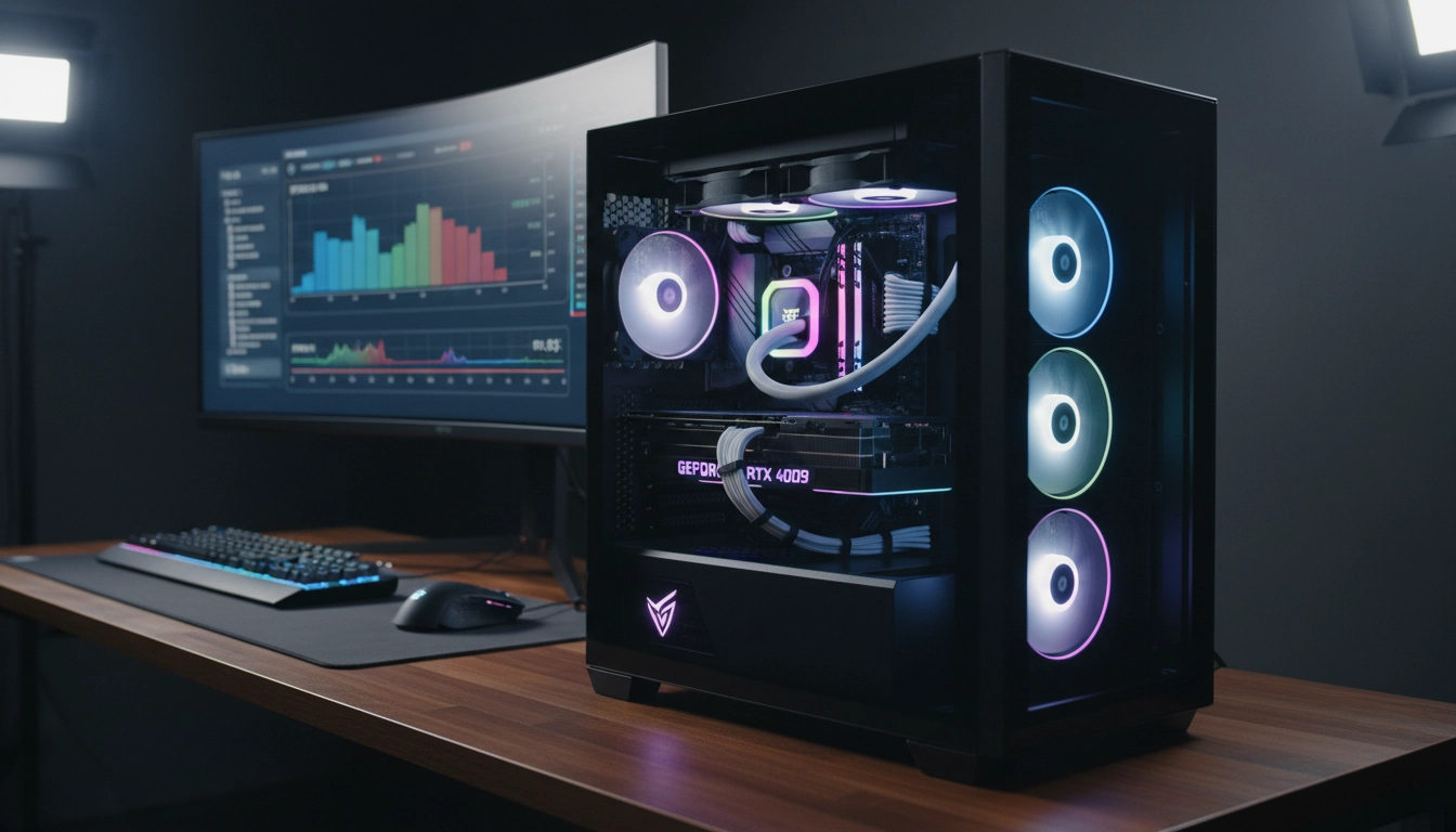 Tour PC gaming haute performance avec optimisation PC gaming et composants RGB visibles à travers le panneau en verre trempé
