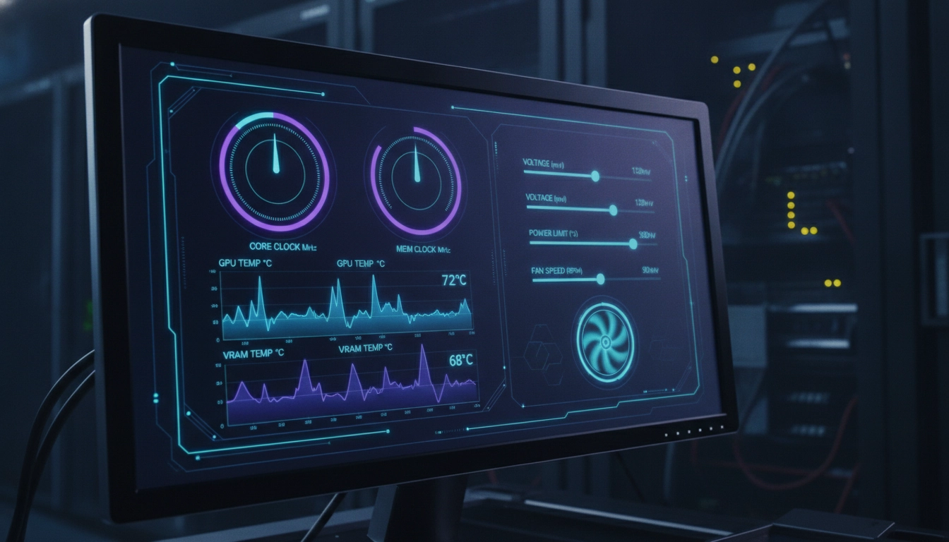Logiciel d'overclocking affichant les fréquences et températures de la carte graphique.