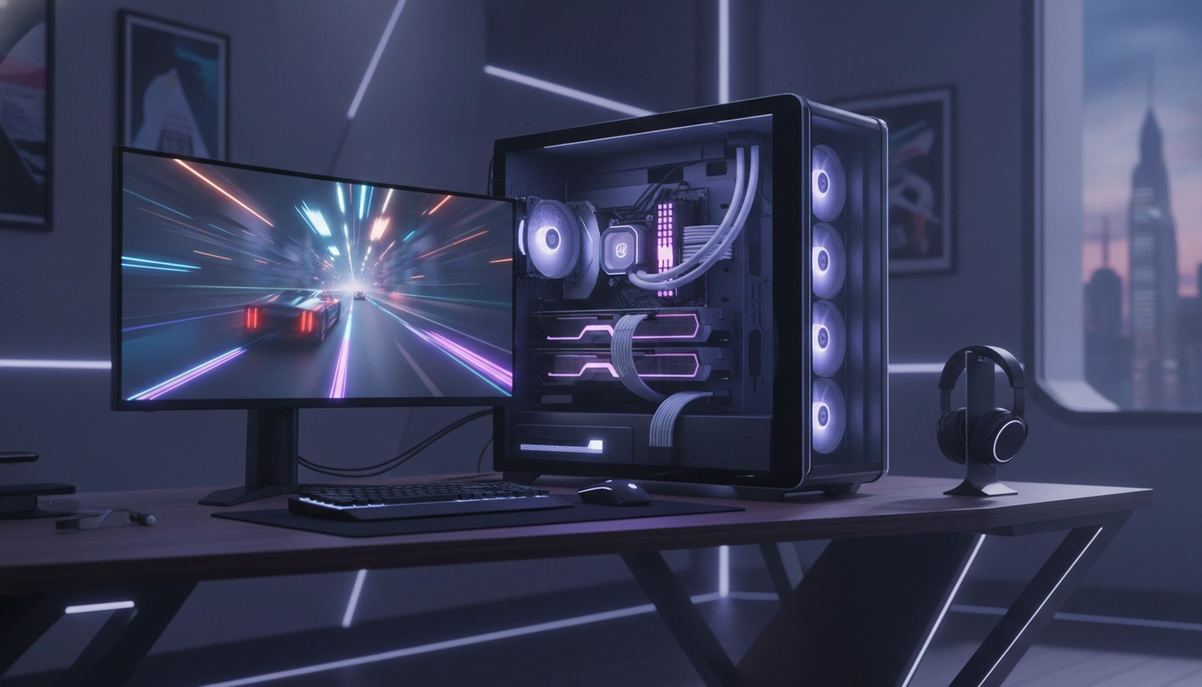 Setup complet montrant une optimisation pc gaming avec un écran affichant des graphiques de performances.
