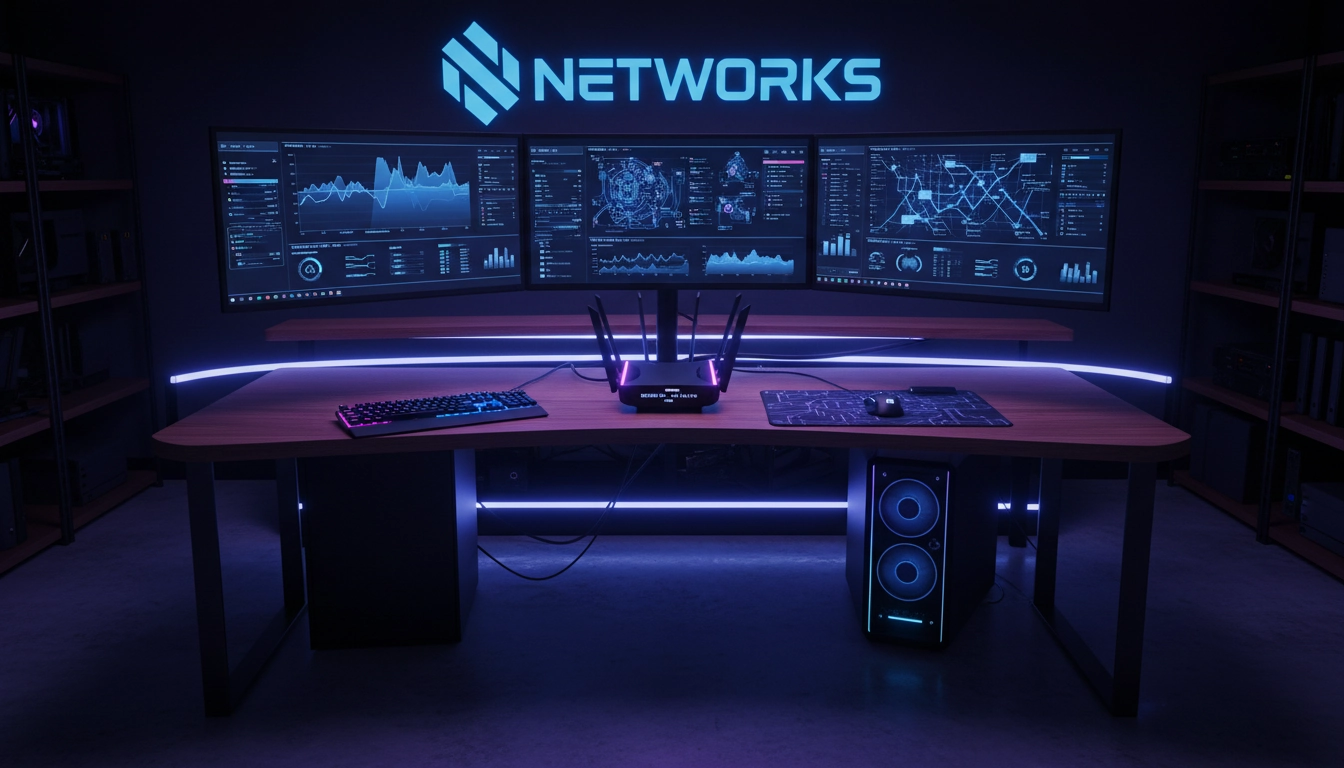 Setup gaming avec tableau de bord d'optimisation réseau gaming affichant des graphiques de latence