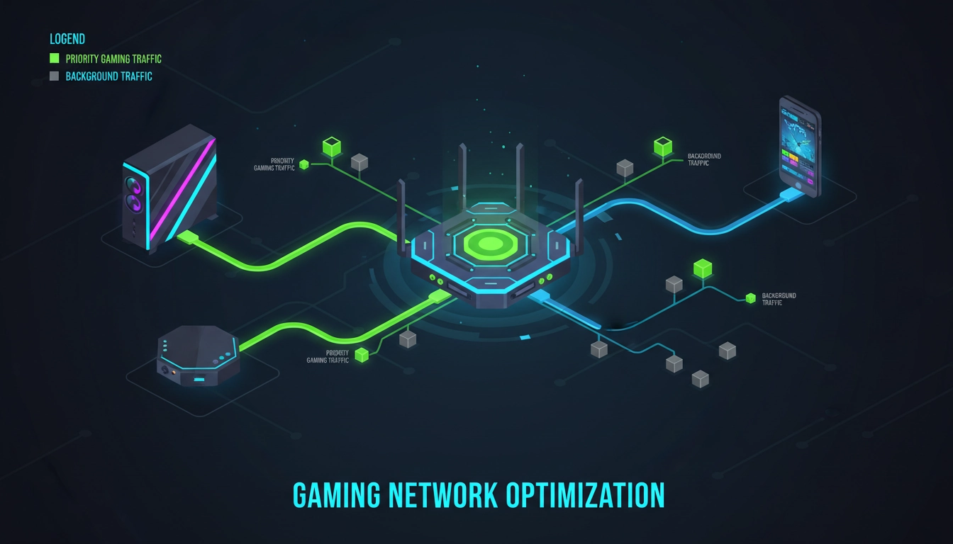 Schéma réseau illustrant la priorisation du trafic gaming par optimisation réseau gaming via la QoS