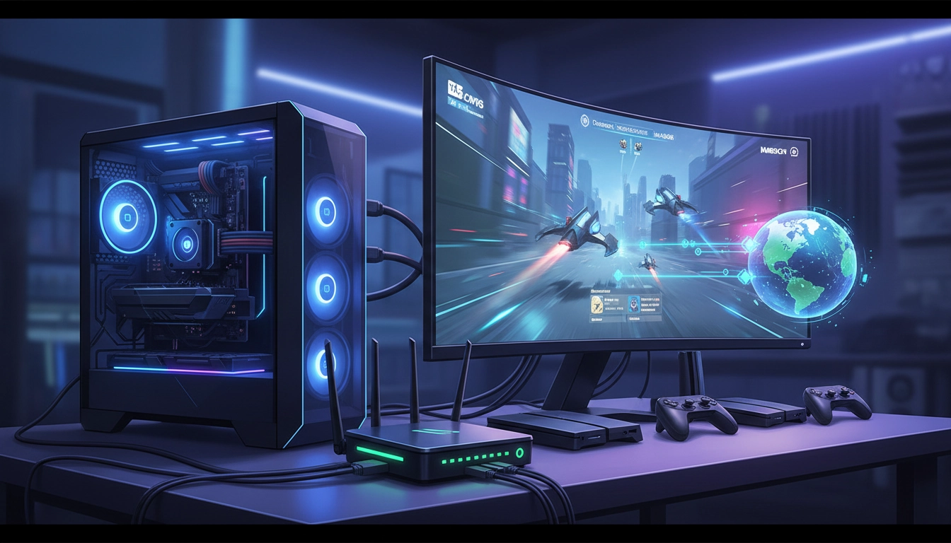 Tableau de bord d'optimisation réseau gaming avec métriques de latence et de ping en temps réel