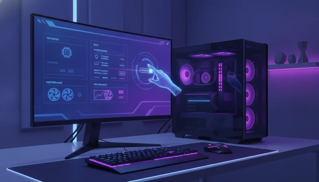 Interface UEFI d'une carte mère moderne montrant les réglages d'optimisation pour le gaming