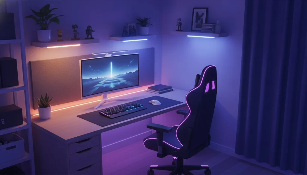 Bureau gaming compact avec un éclairage LED optimisé et une barre de moniteur