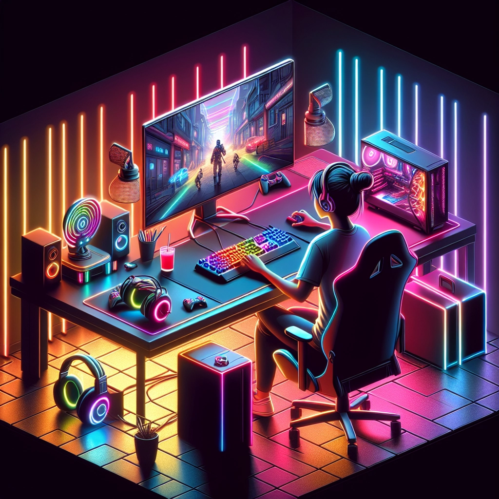 Setup gaming avec éclairage RGB optimisé et halo derrière l’écran pour une immersion confortable
