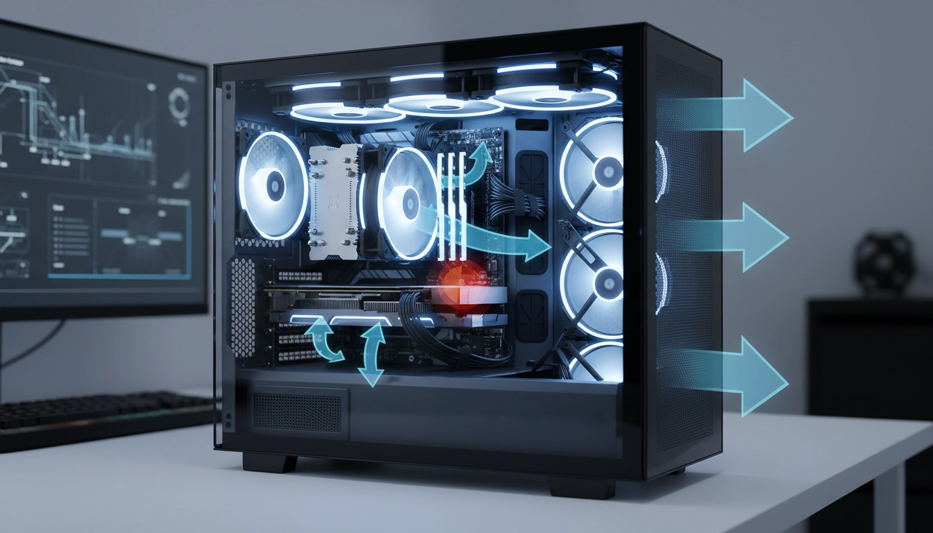 Intérieur d'un boîtier PC gaming montrant un flux d'air optimisé avec des ventilateurs RGB