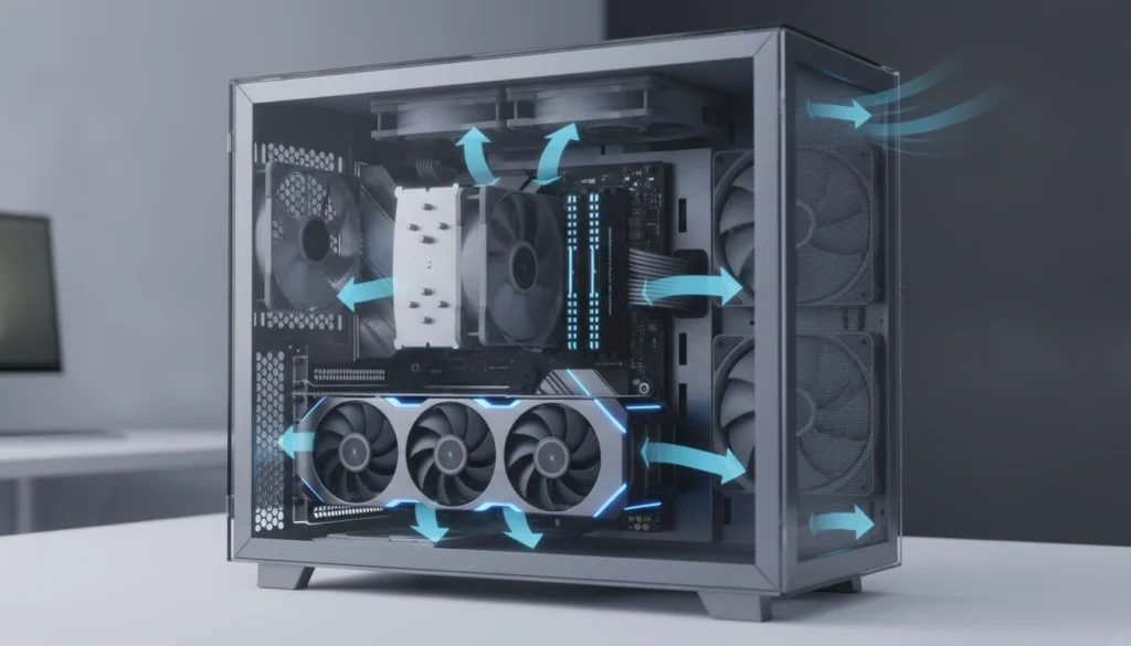 Schéma 3D illustrant le flux d'air parfait dans un boîtier PC gaming moderne