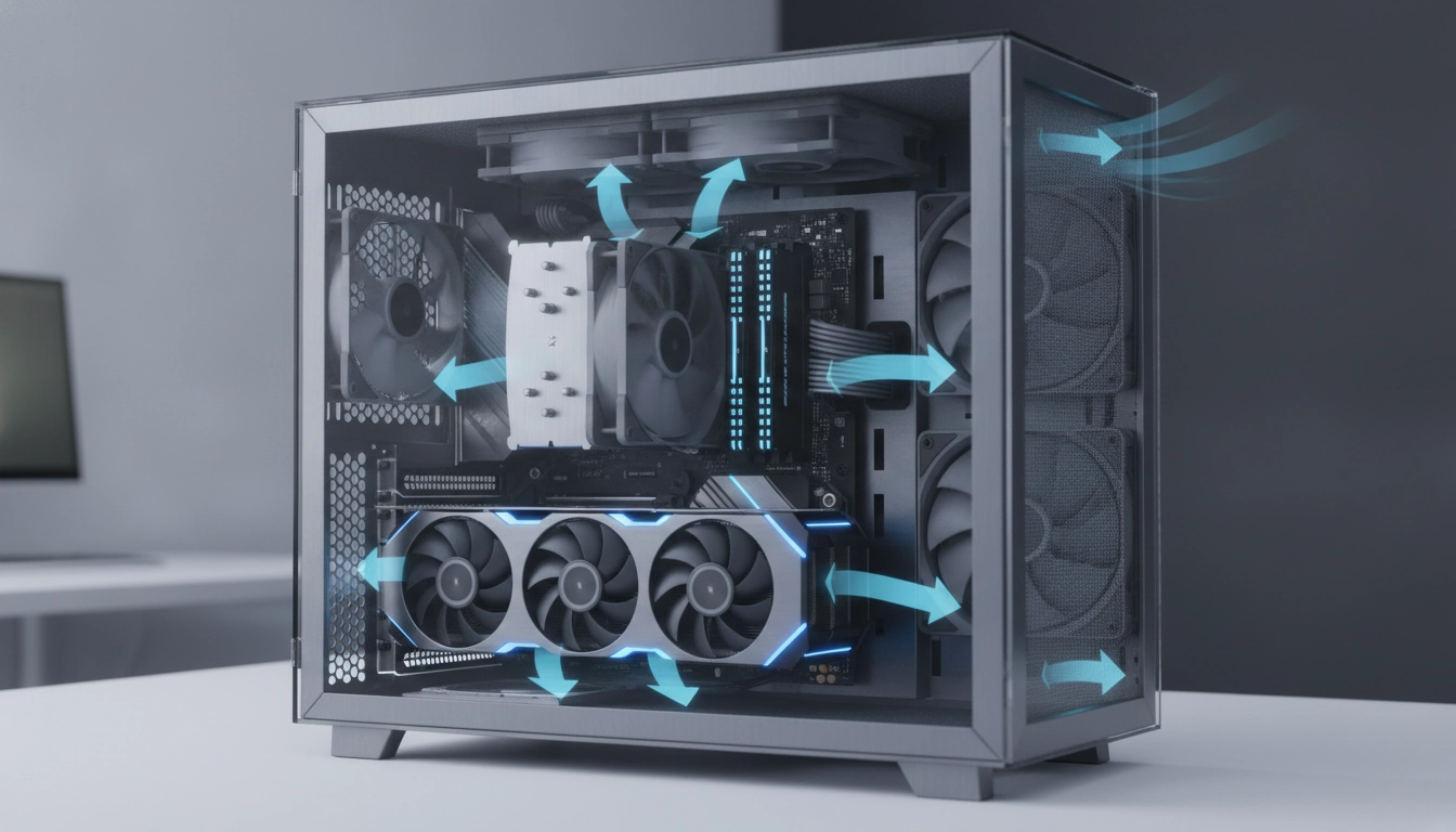 Schéma 3D illustrant le flux d'air parfait dans un boîtier PC gaming moderne
