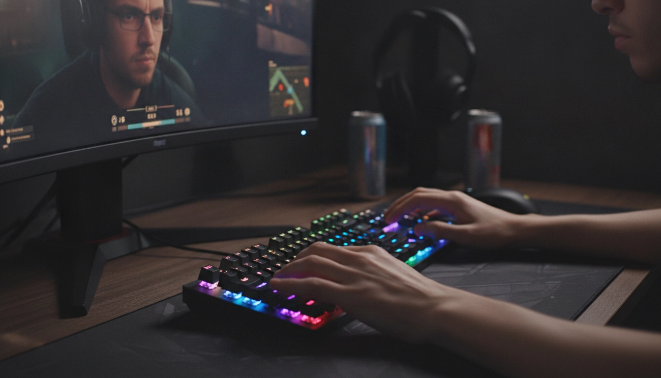 Mains de joueur sur un clavier mécanique cherchant à optimiser gestionnaire tâches windows pour gaming.