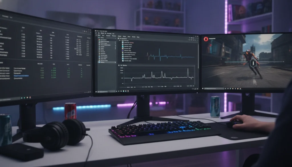 Joueur concentré cherchant à optimiser gestionnaire tâches windows pour gaming sur son ordinateur de bureau.