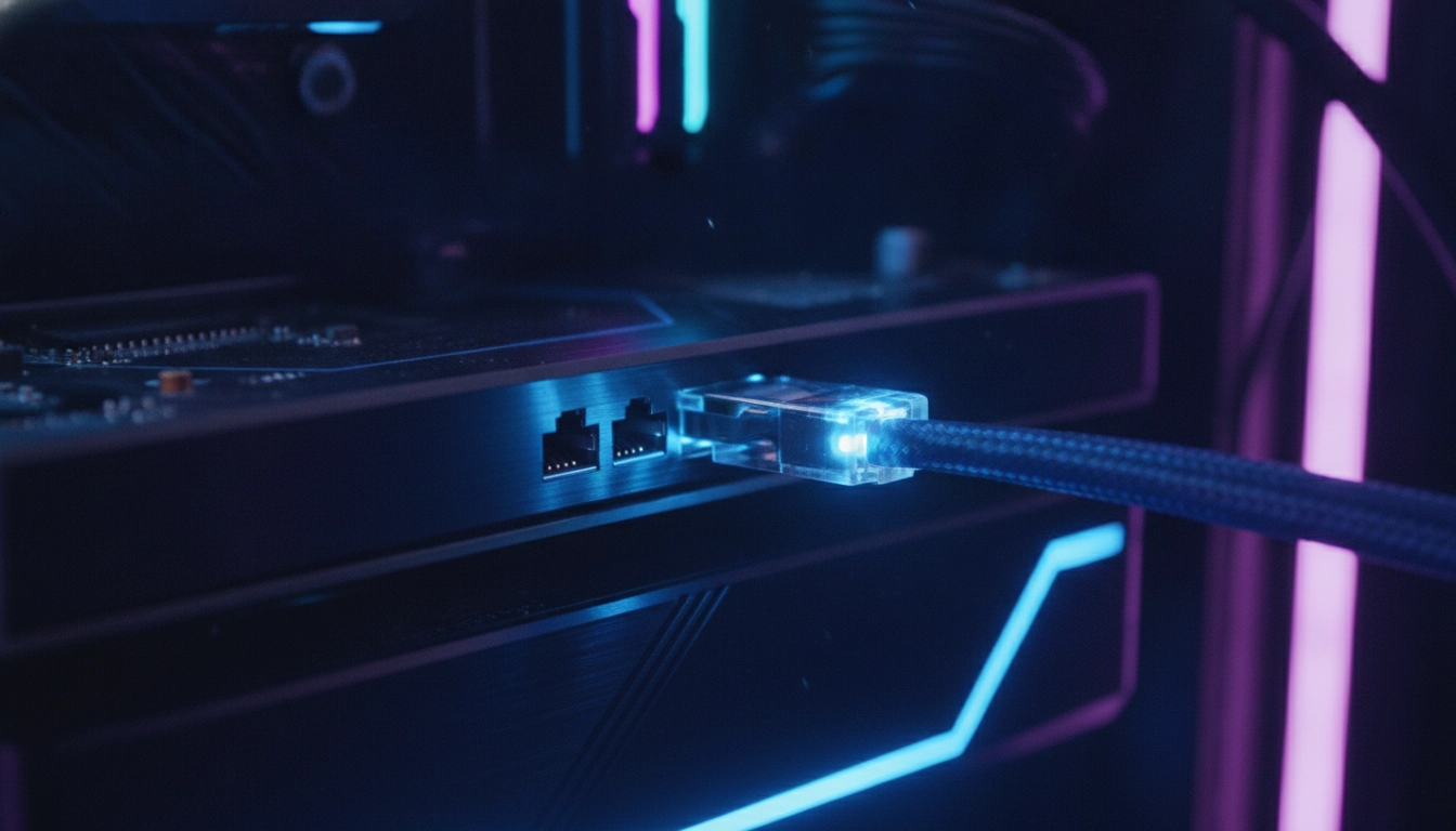 Câble ethernet branché sur un pc gamer pour optimiser paramètres réseau windows 10 gaming.