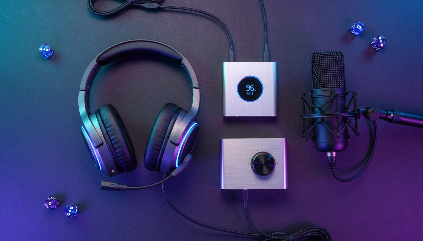 Accessoires pour optimiser son audio gaming : casque, DAC, ampli et microphone sur un bureau gaming