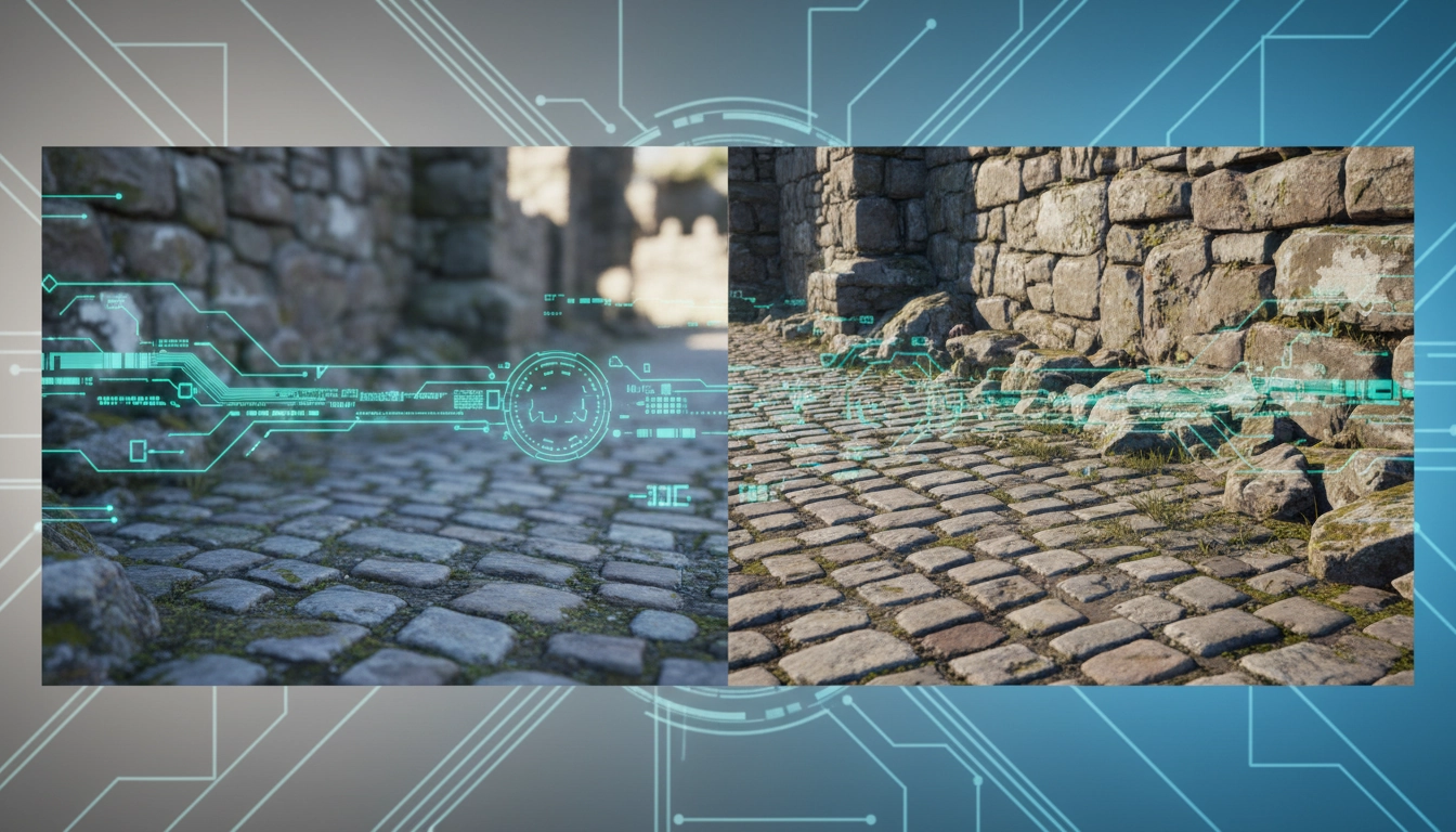 Gros plan sur un écran d'ordinateur affichant des textures haute résolution dans un jeu vidéo.