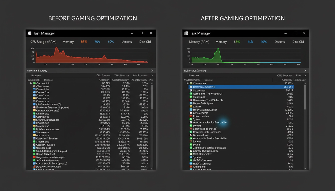 Comparaison du gestionnaire de tâches Windows 10 avant et après optimisation pour le gaming