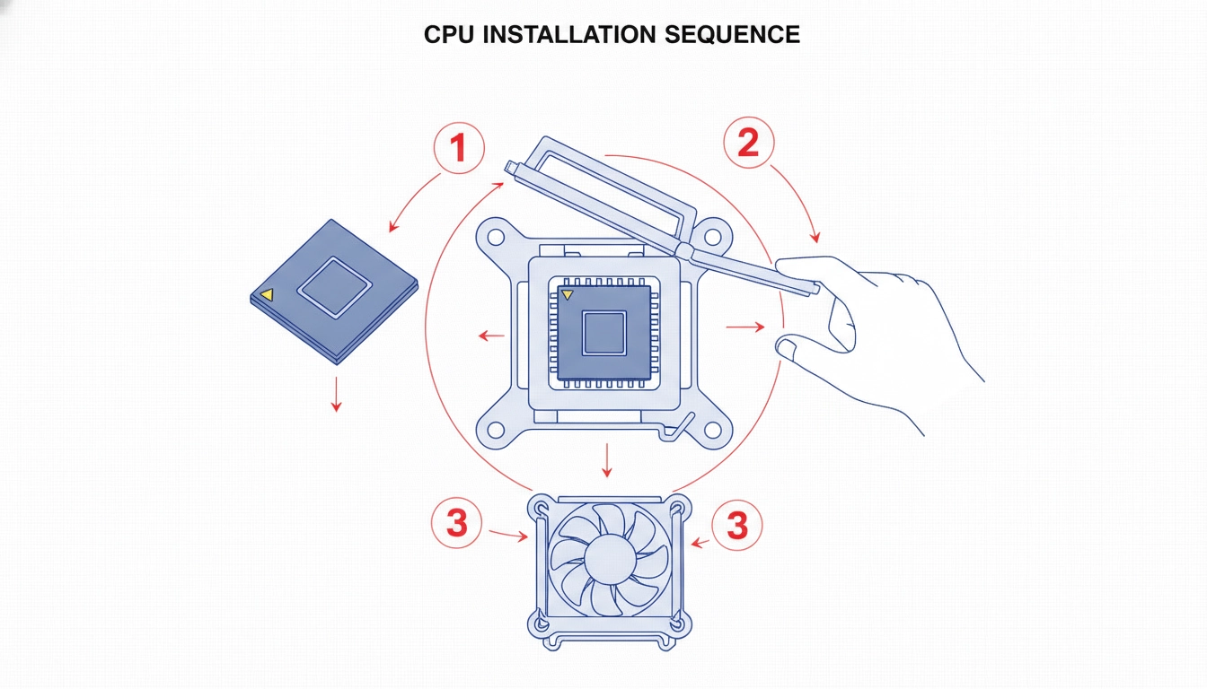 Diagramme montrant l'ordre installation cpu carte mère ventirad avec étapes numérotées et alignement correct