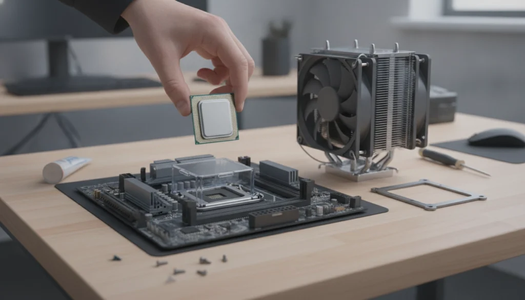 Illustration détaillée montrant l'ordre installation cpu carte mère ventirad sur une carte mère de PC