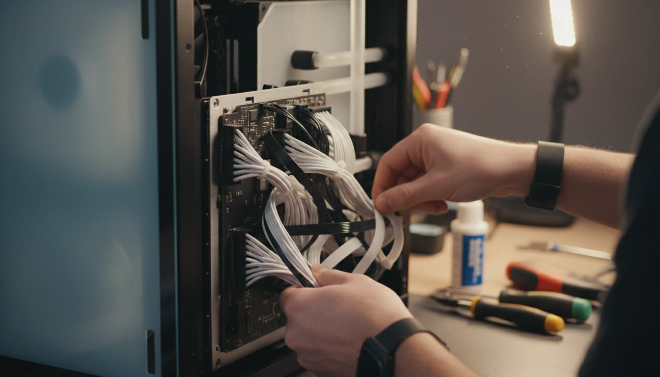 Monteur PC utilisant des colliers velcro pour une organisation impeccable du branchement des câbles