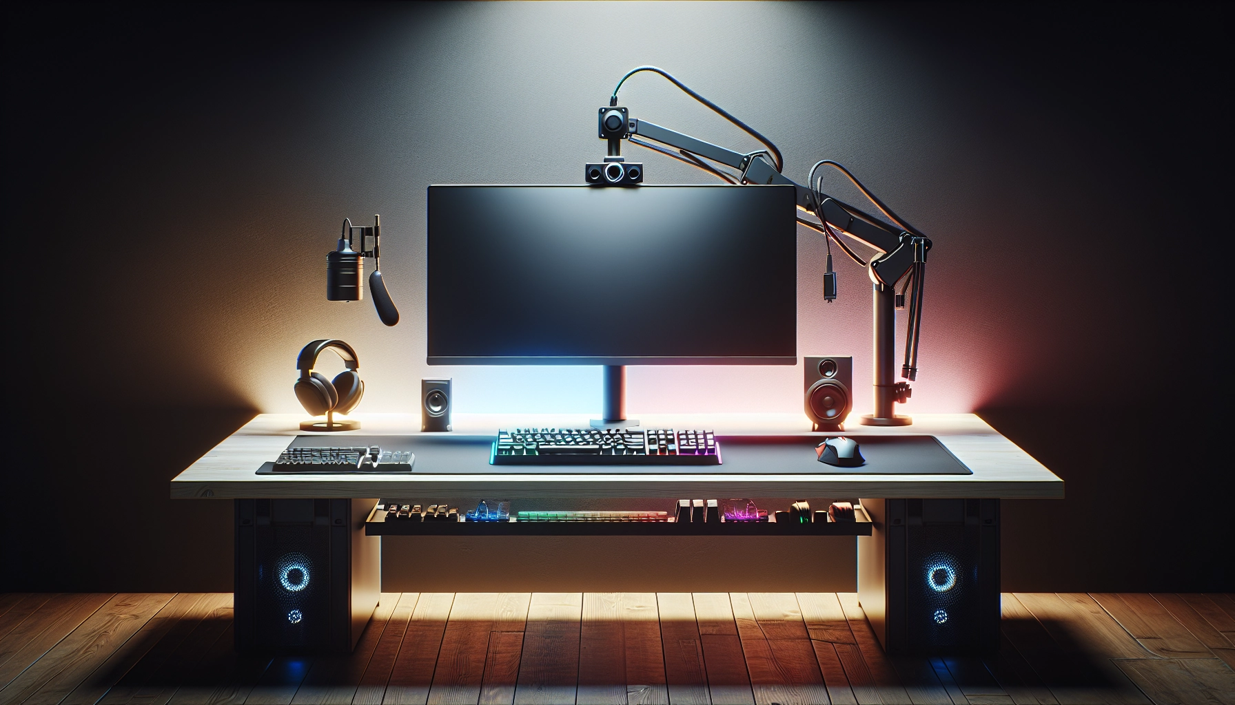 Organisation espace gaming accessoires avec bureau épuré, câbles rangés et périphériques bien positionnés