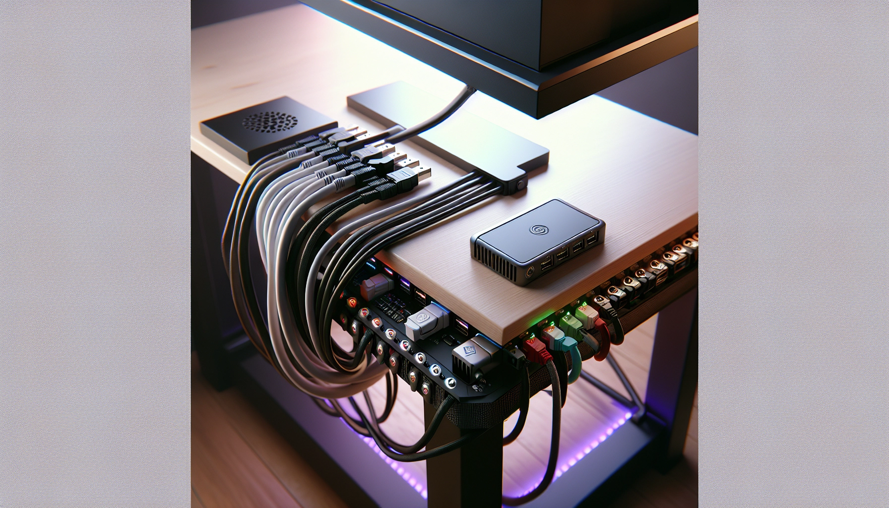 Gestion des câbles gaming avec velcro, pinces et hub USB pour un bureau organisé