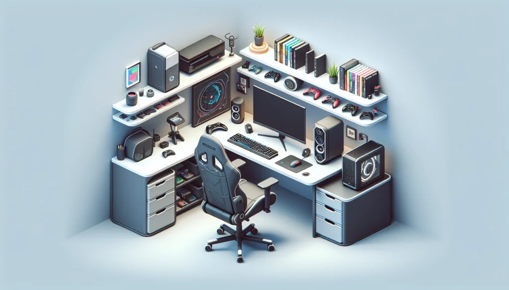 Bureau gaming organisé avec accessoires bien rangés et câbles soigneusement gérés