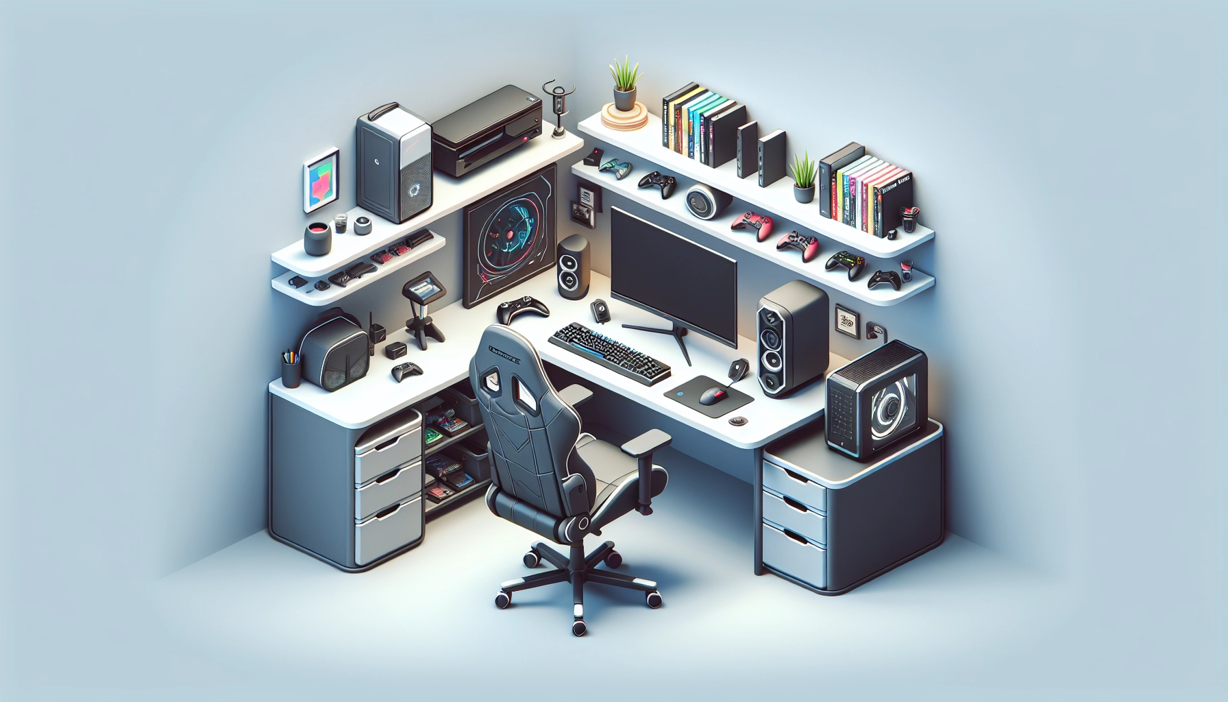 Bureau gaming organisé avec accessoires bien rangés et câbles soigneusement gérés