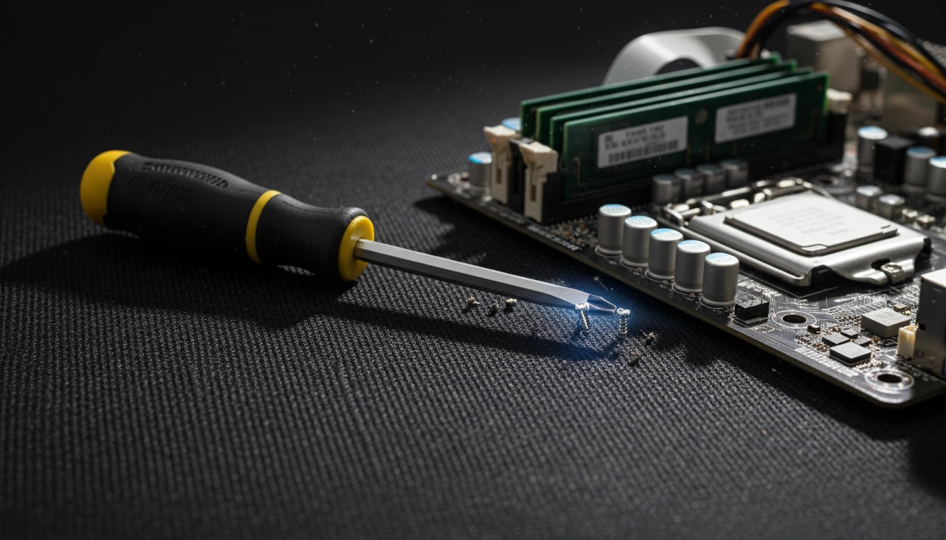 Tournevis cruciforme magnétique sur un tapis antistatique, l'un des outils indispensables assemblage pc.