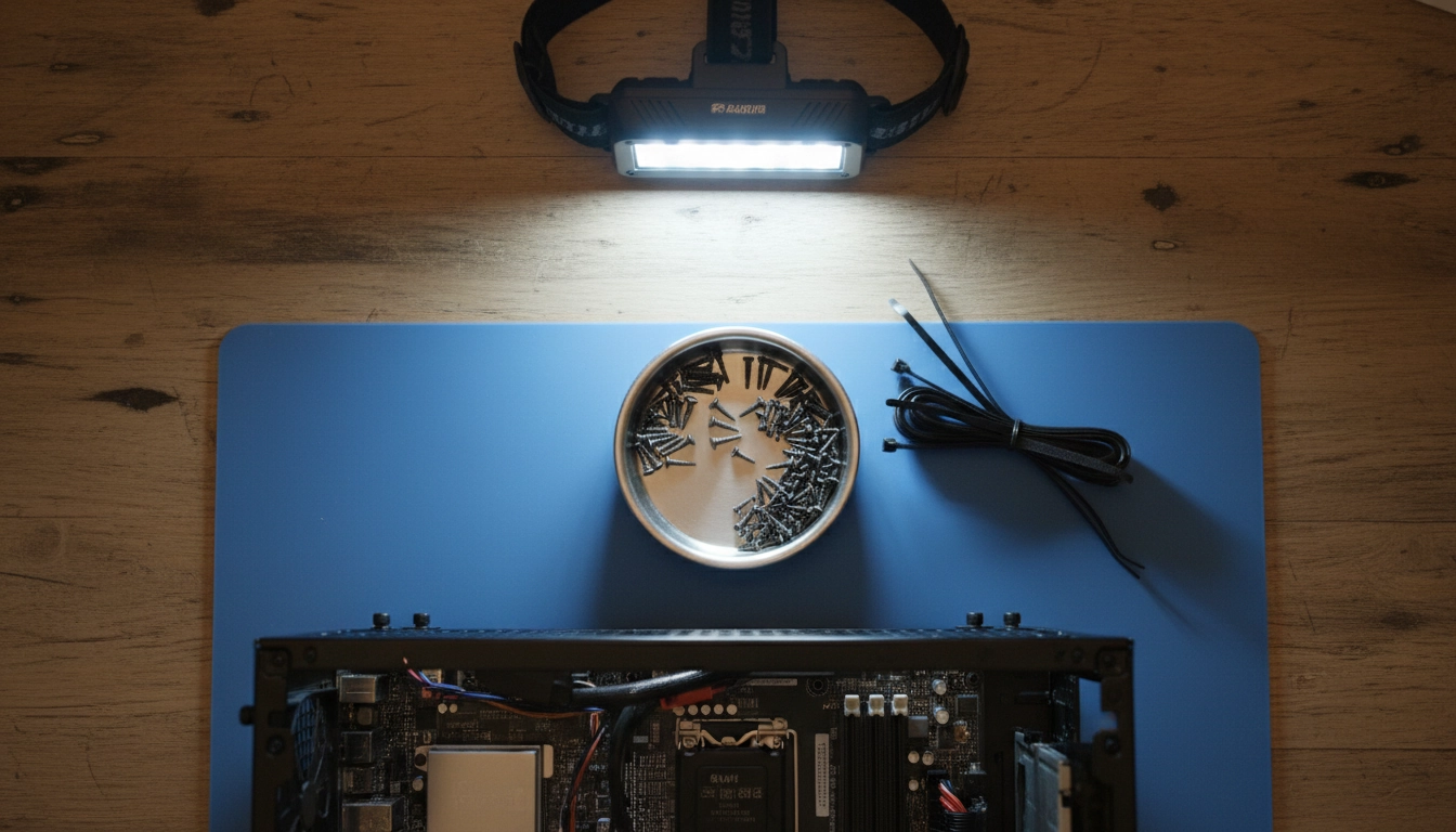 Plateau magnétique et attaches câbles pour organiser son espace de montage d'ordinateur.