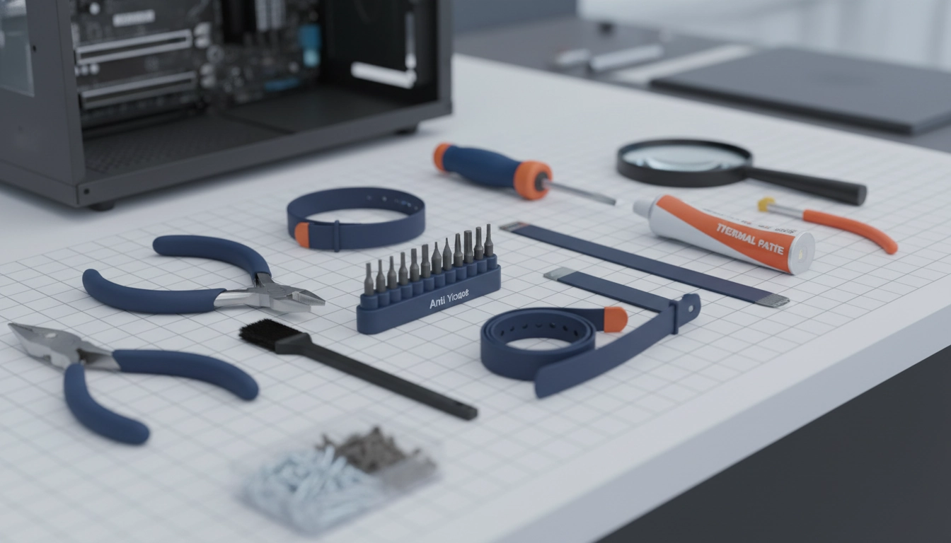 Kit complet d'outils pour le montage et la réparation d'un ordinateur de bureau sur un plan de travail.