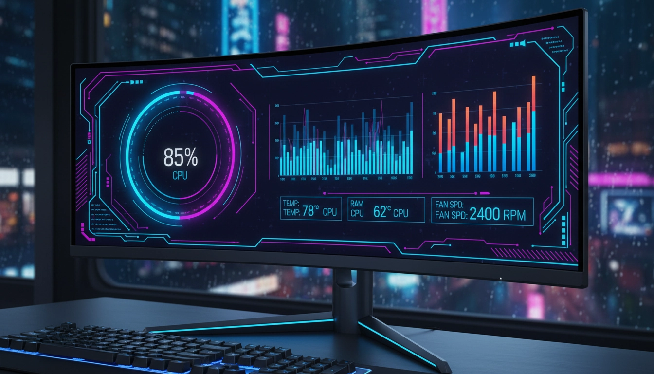 Interface sombre d'un des meilleurs outils monitoring optimisation vram pour gaming affichant des graphiques de performance détaillés.