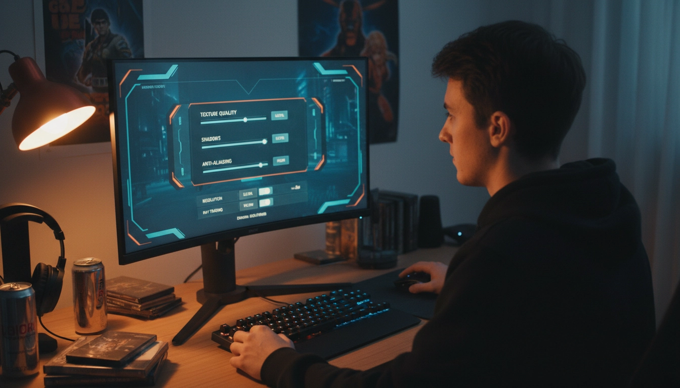 Joueur ajustant méticuleusement les paramètres graphiques sur son écran pour réduire la charge de la carte graphique.