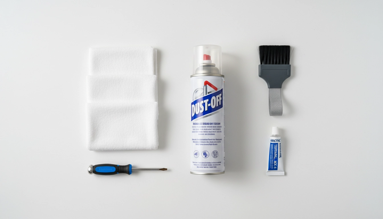 Ensemble des outils nettoyage PC gamer indispensables : bombe d'air comprimé, pinceau antistatique, lingettes microfibre et tournevis magnétique