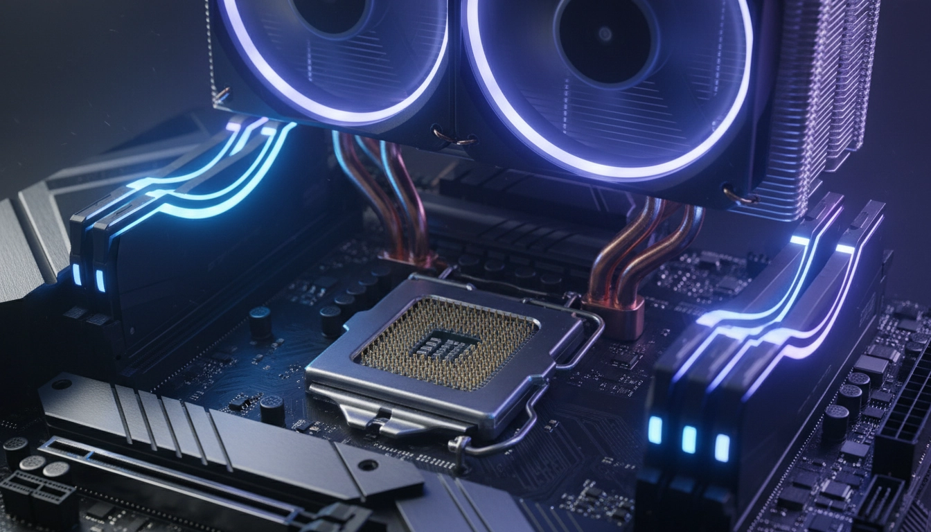 Processeur Intel installé sur carte mère Z790 prêt pour un overclocking sécurisé PC avec refroidissement tour double