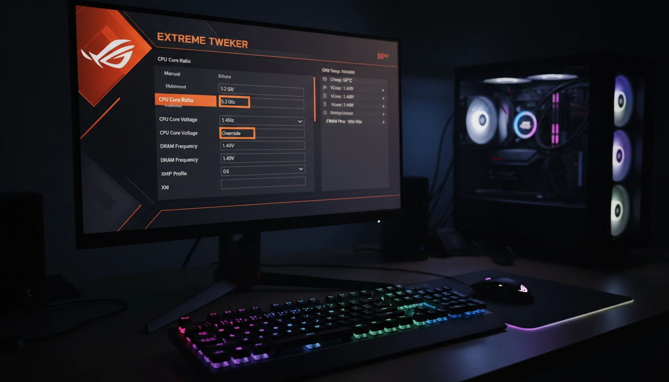 Interface UEFI BIOS ASUS ROG avec les paramètres d'overclocking CPU et tensions affichés à l'écran