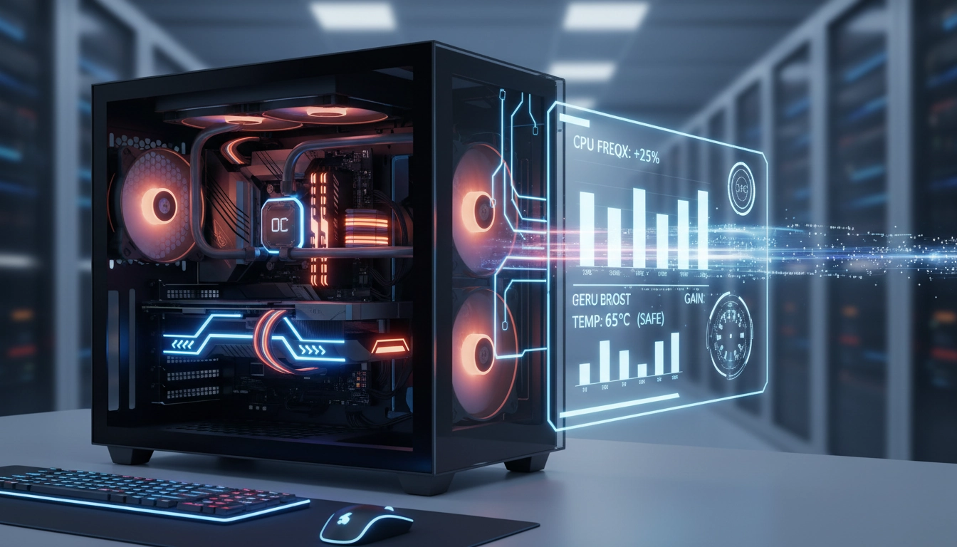 Configuration PC gaming haute performance avec overclocking sécurisé, processeur et carte graphique visibles dans un boîtier éclairé RGB