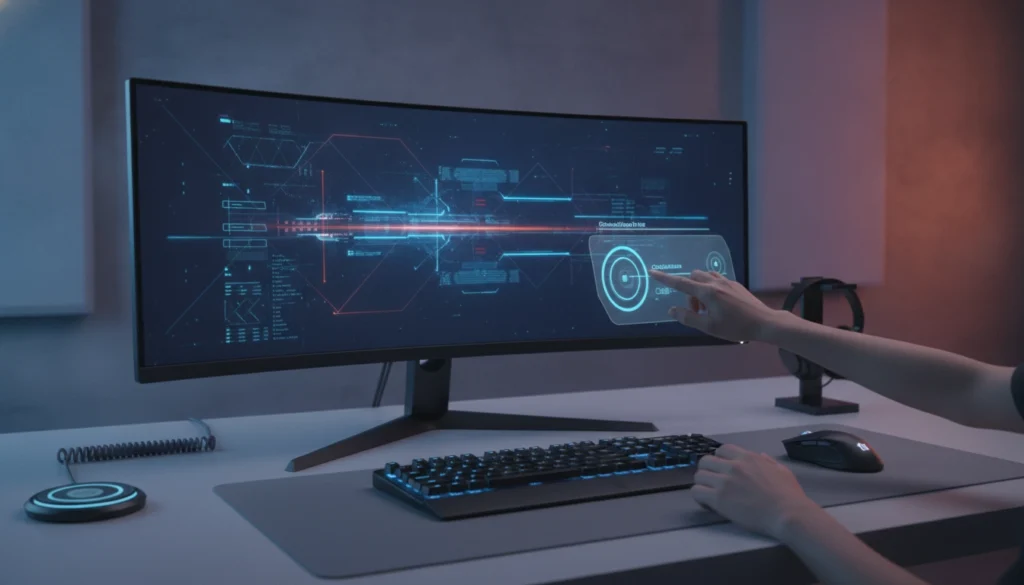 Un joueur ajuste le paramétrage écran gaming performance dans une pièce sombre pour améliorer la réactivité de son moniteur.