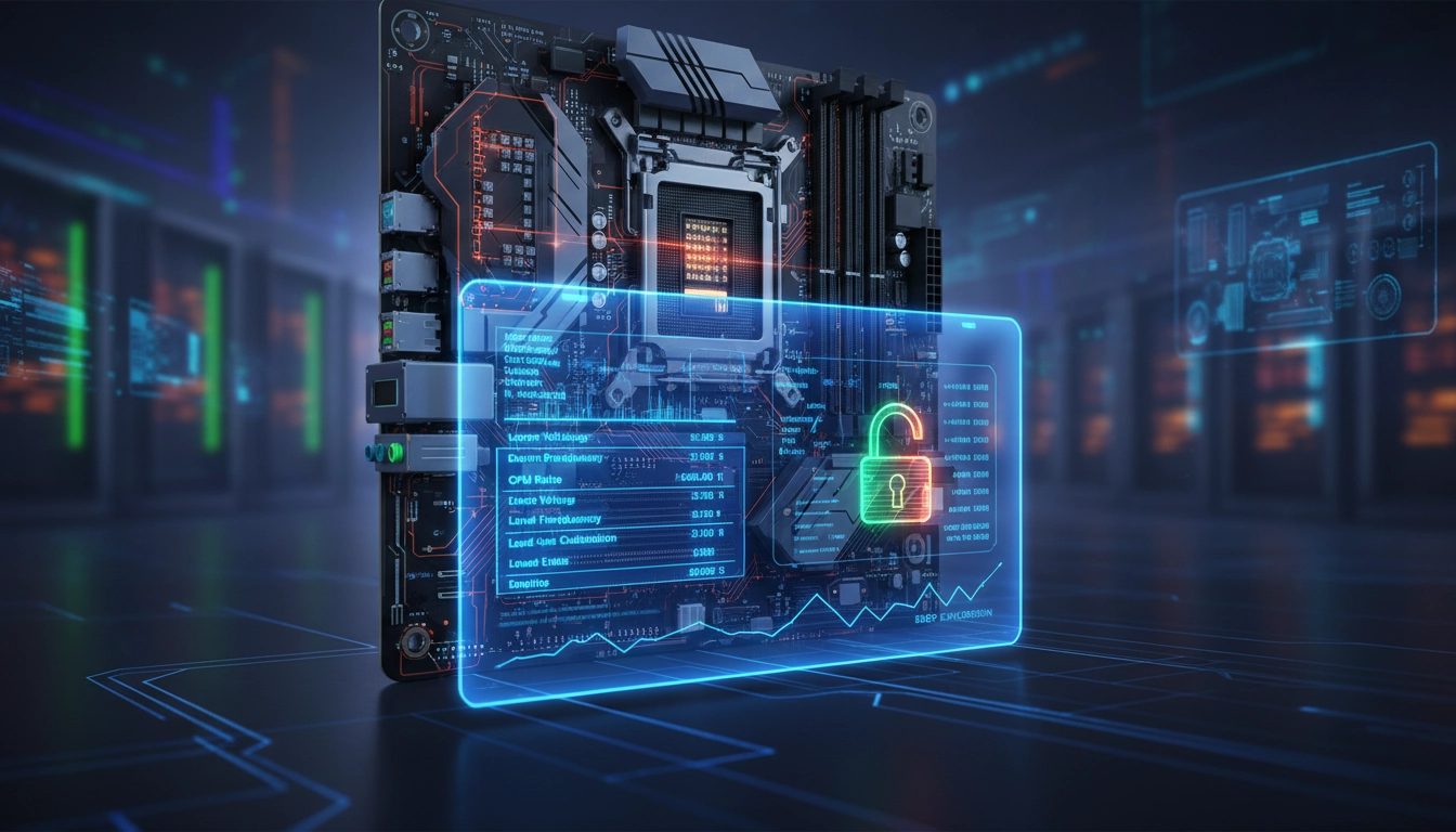Vue détaillée d'une carte mère moderne illustrant les paramètres bios essentiels overclocking sécurisé.