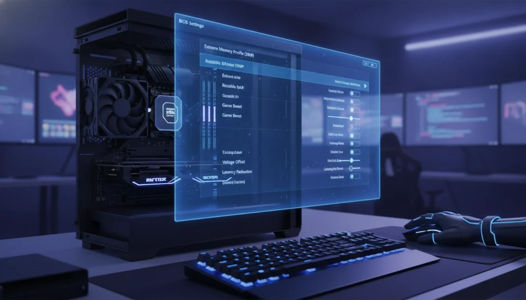 Interface d'un BIOS UEFI optimisé pour le jeu vidéo avec les paramètres de latence affichés