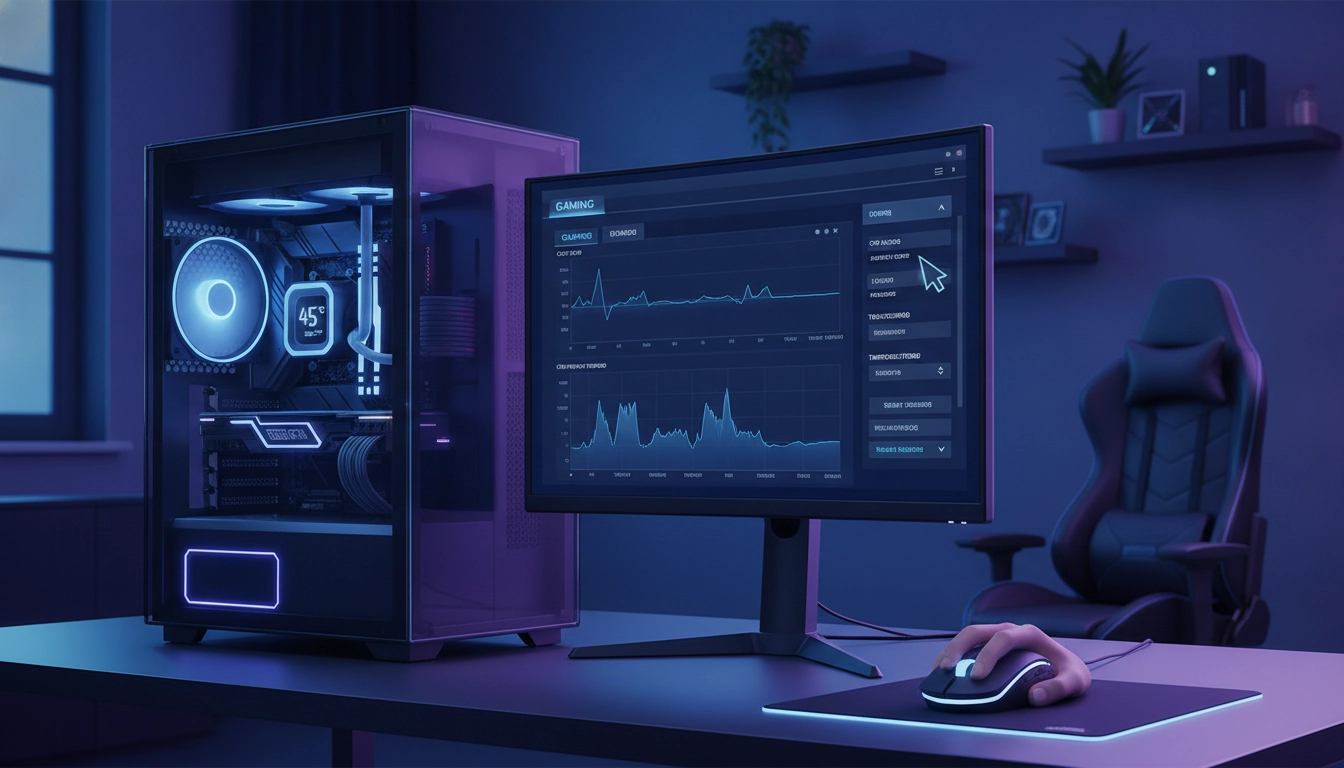 Interface de carte mère affichant les paramètres bios gaming température cpu avec des graphiques de ventilation et de tension.