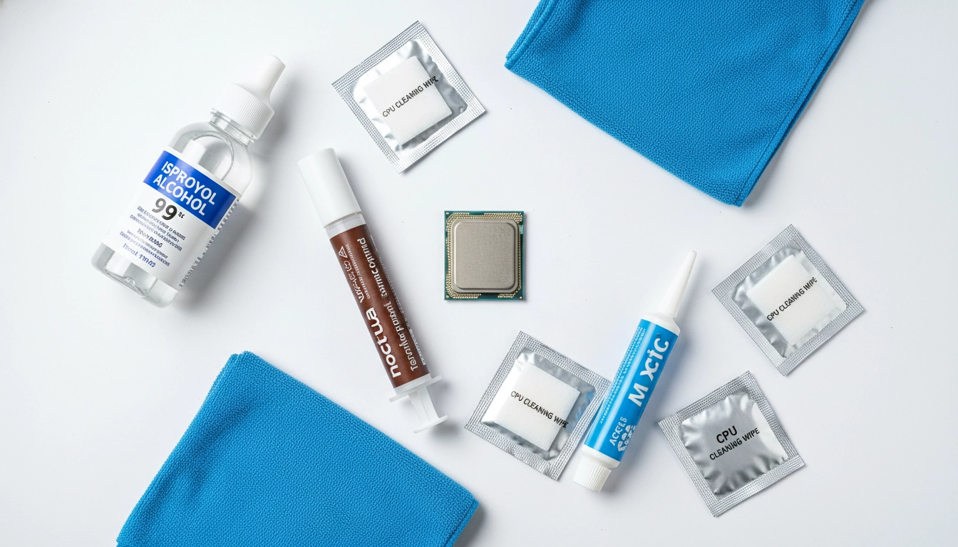 Outils nécessaires pour changer et appliquer la pâte thermique CPU : alcool isopropylique, lingettes et seringues de pâte